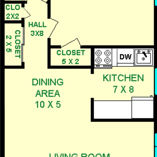 Shelley One Bedroom floorplan shows roughly 558 square feet with a bedroom, bathroom, living room, dining area, kitchen and closets.