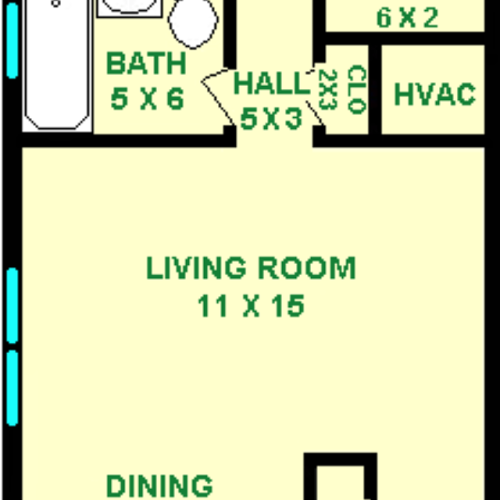 Harrier One Bedroom floorplan shows roughly 585 square feet, with a bedroom, living room, dining room, foyer kitchen, bathroom and hall.