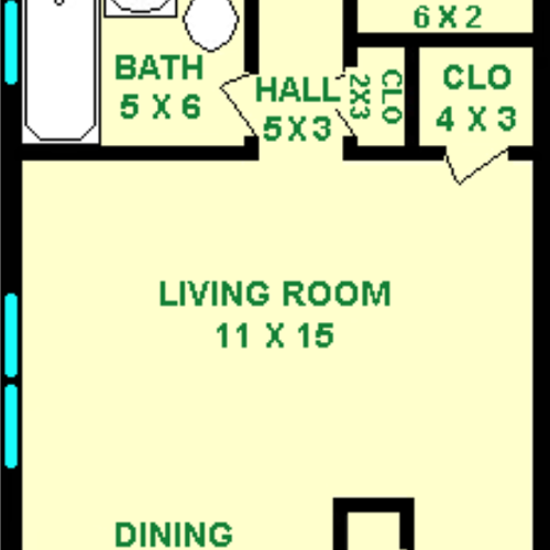 Osprey One Bedroom floorplan shows roughly 585 square feet, with a bedroom, bathroom, living room, dining room, kitchen and a foyer.