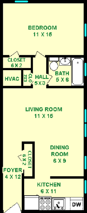 Saker floorplan shows roughly 585 square feet, with a bedroom, living room, kitchen, bathroom and closets.