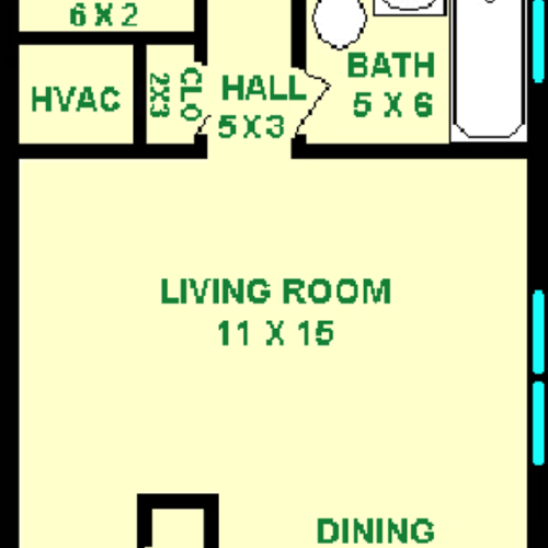 Saker floorplan shows roughly 585 square feet, with a bedroom, living room, kitchen, bathroom and closets.