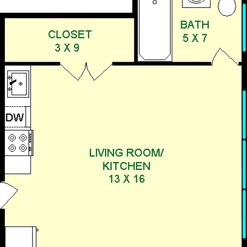 Ash Studio floorplan shows roughly 270 Square Feet, with a living Room/Kitchen, Bathroom and Closet