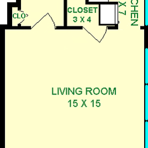 Sumac Studio Floorplan shows roughly 355 square feet shows a living room, bathroom, kitchen and closet.