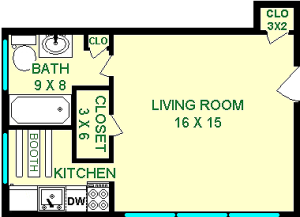 Birch Studio Floorplan shows Living Room with a closet, bathroom and built in booth, as well as a bathroom.