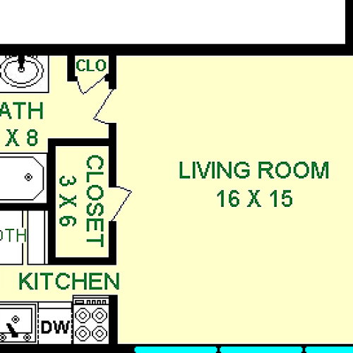 Poplar Studio Floorplan shows roughly 385 square feet, with a kitchen, bathroom living room and multiple closets.