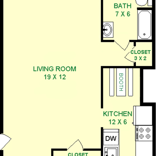 Elm Studio floorplan with roughly 400 square feet a living room, bathroom, kitchen with built in booth, and closet.