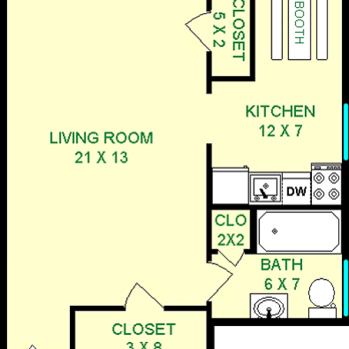 Raintree studio floor plan shows roughly 410 square feet, with a living room kitchen and bathroom.
