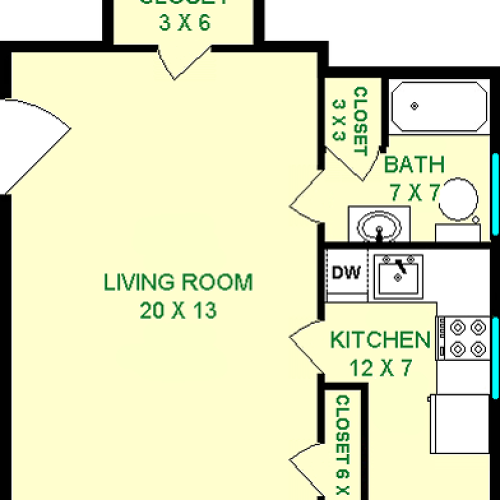 Beech Studio Floorplan shows roughly 415 sqaure feet, with a living room, bathroom, kitchen and two closets.