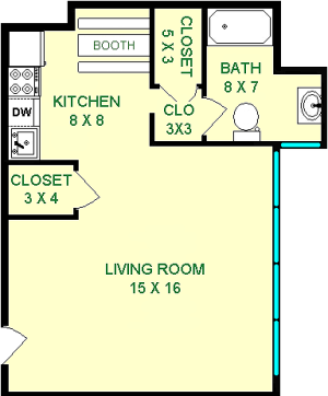 Aspen studio floorplan shows roughly 430 square feet with a living room, kitchen, bathroom and closets.
