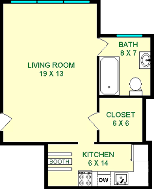 Hornbeam studio floorplan shows roughly 430 square feet with a living room, kitchen, bathroom and closets.