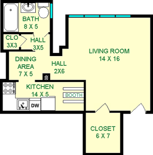 Gingko studio floorplan shows roughly 450 square feet with a living room, kitchen, dining room, bathroom and closets.
