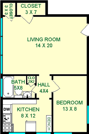 Sycamore one bedroom floorplan shows roughly 570 square feet, with a living room, bedroom hall, bathroom and kitchen.