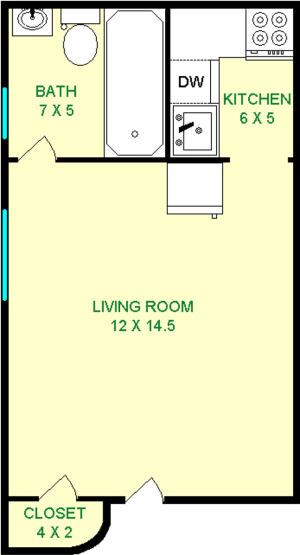 Yew Studio Floorplan shows roughly 290 square feet with a Living Room, kitchen, bathroom and closet.