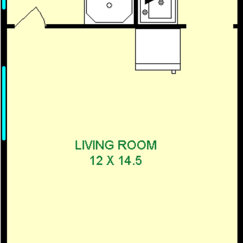 Yew Studio Floorplan shows roughly 290 square feet with a Living Room, kitchen, bathroom and closet.