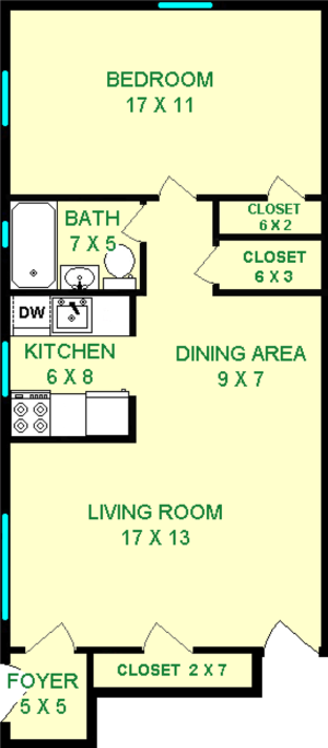 Cedar One Bedroom floorplan shows roughly 630 square feet, with a bedroom living room, bathroom, dining area, kitchen, foyers and closet.