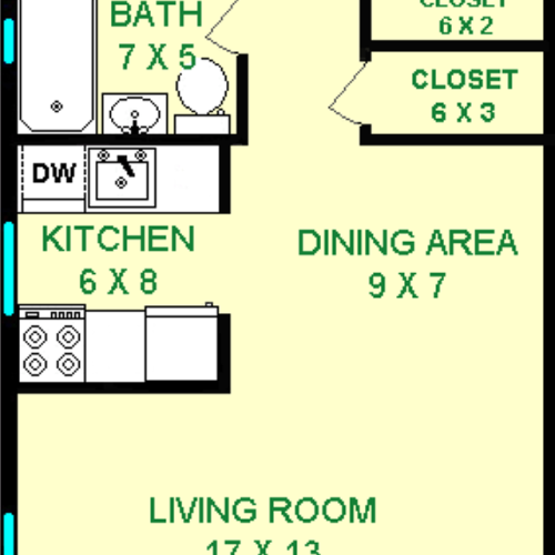 Cedar One Bedroom floorplan shows roughly 630 square feet, with a bedroom living room, bathroom, dining area, kitchen, foyers and closet.