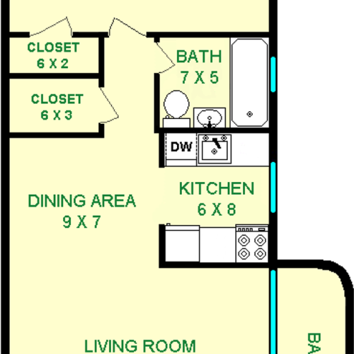 Hemlock One Bedroom Floorplan shows roughly 630 square feet, with a bedroom, living room, dining area, kitchen, bathroom and a balcony.