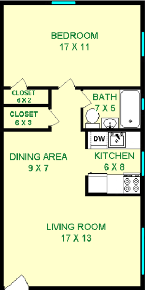 Redwood One Bedroom Floorplan shows Living Room, Bedroom, Bathroom, Kitchen, dining area and multiple closets.