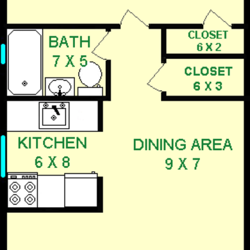 Spruce One bedroom Floorplan shows roughly 630 square feet, with a bedroom, bathroom, living room, dining area, kitchen and two closets.
