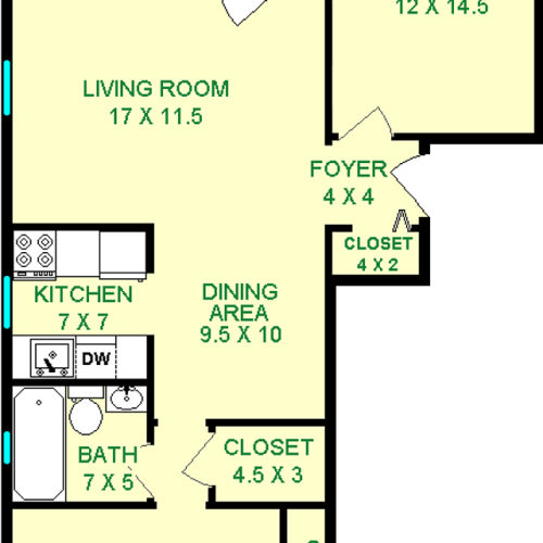 Cypress two bedroom floorplan shows roughly 800 square feet, with two bedrooms, a living room, bathroom, dining area, ktichen and closets.