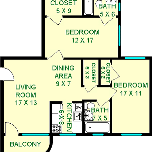 Tamarack Two Bedroom and Two Bathroom floorplan shows roughly 920 square feet, with bedrooms, bathrooms, a living room, kitchen, dining area and closets.