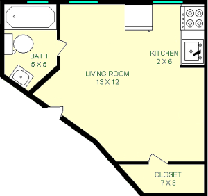 Russel Floorplan shows roughly 200 square feet, with a living room, kitchen, closet and bathroom.