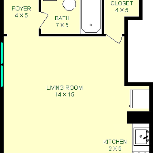 Baer studio floorplan shows roughly 310 square feet, with a living room, kitchen, foyer closet and private bathroom.
