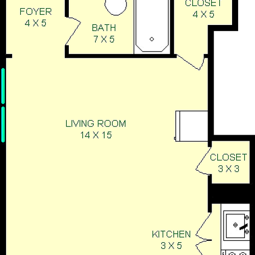 Pajitnov floorplan shows roughly 310 square feet, with a living room, kitchen, bathroom, foyer and closets.