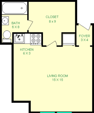 Crowther studio floorplan shows roughly 340 square feet, with a living room, kitchen, foyer, closet and bathroom.