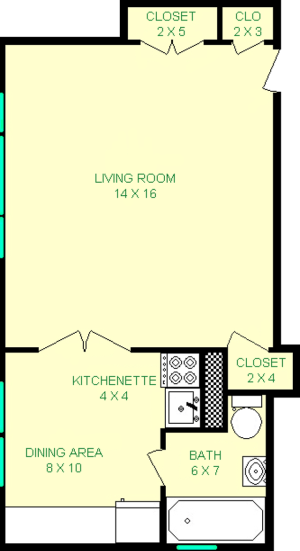 Peterson Studio Floorplan shows roughly 380 square feet, with a living room, kitchenette, dining area, bathroom and closets.
