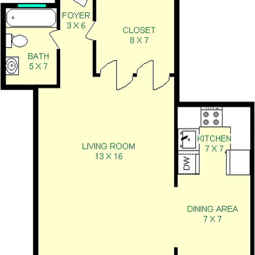 Alcorn studio floorplan shows roughly 405 square feet, with a closet, foyer, bathroom, living room, dining area and a kitchen