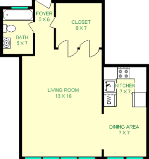 Jarvis studio floorplan shows roughly 405 square feet, featuring a living room, closet, bathroom, dining area and kitchen