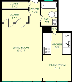 Flinn Studio Floorplan shows roughly 435 square feet with a foyer, living room, bathrooom, kitchen, dining room and closets.