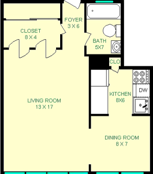 Higinbotham Studio Floorplan shows roughly 435 square feet, with a foyer, kitchen, closets, living room and dining room.