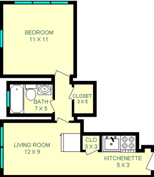 Romero One Bedroom Floorplan shows roughly 365 square feet, with a kitchenette, living room, bathroom, bedroom and two closets.