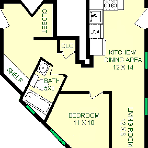 Daglow One Bedroom Floorplan Shows roughly 550 square feet, with a living room, bedroom, bathroom, Kitchen/Dining Area and a walk-in closet. This unit has two entrances, one to Centre Ave and another inot the building