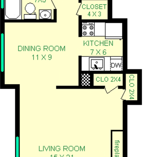 Nutting One Bedroom floorplan shows roughly 750 square feet, with a bedroom, bathroom, living room, dining room, kitchen, foyer and closets