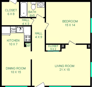 Rosenthal One Bedroom floorplan shows roughly 900 square feet, with a living room, bedroom, bathroom, dining room, kitchen, closet and halls.
