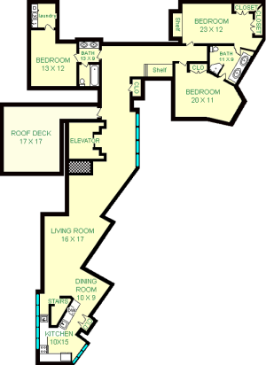 Miyamoto floorplan shows roughly 2300 square feet, with three bedrooms, two bathrooms, a living room, dining room, kitchen and deck.