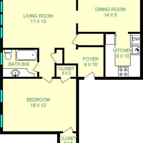 Rankin one bedroom floorplan shows roughly 810 square feet, kitchen, dining room, living room, bedroom and a bathroom. Multiple closets are shown