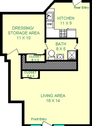Lobb Studio Floorplan shows roughly 575 square feet, with a dressing/storage area, kitchen, bathrom and living area. This apartment als has a private, and full building entry.