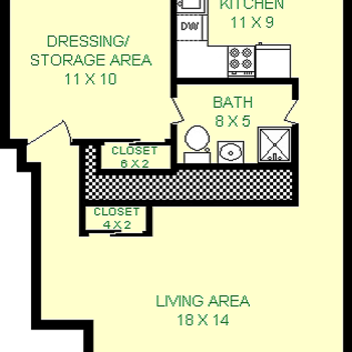 Lobb Studio Floorplan shows roughly 575 square feet, with a dressing/storage area, kitchen, bathrom and living area. This apartment als has a private, and full building entry.