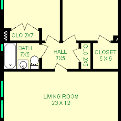 Bach two bedroom floorplan shows roughly 1058 square feet, with two bedrooms, a bathroom, living room, dining room, kitchen and closets.