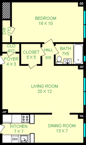 Rossini One Bedroom floorplan shows roughly 720 square feet, with a bedroom, bathroom, living room, dining room, kitchen and multiple closets.