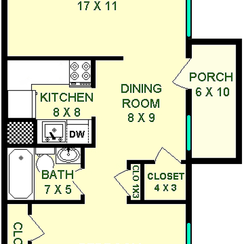 Liberty one bedroom floorplan shows roughly 595 square feet with a living room, a bedroom, a bathroom, a dining room, a kitchen and a balcony.