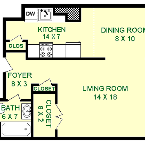 The floor plan of Chevelle unit, roughly 525 square feet features a living room with a large closet, a dining room, a full kitchen, and a full bathroom to the right of the foyer.