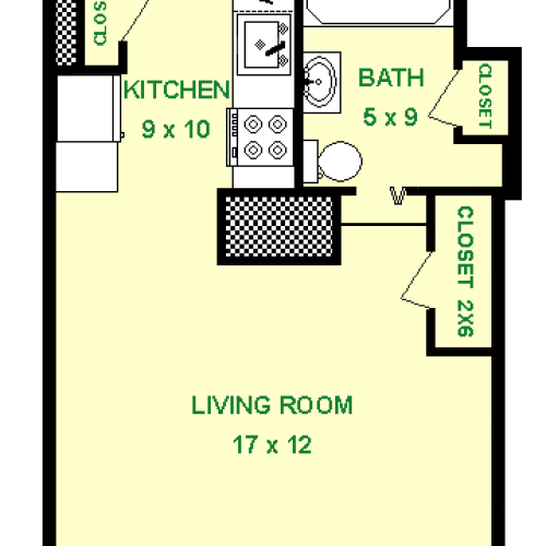 Floor plan of Aston unit, roughly 385 square feet.