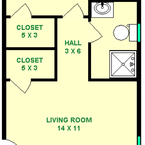 Floor plan of Perlman unit, roughly 390 square feet.