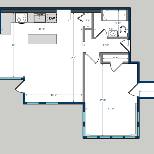 Carson One Bedroom Floorplan shows a bedroom, bathroom, living room, kitchen and closets