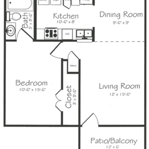 1 Bedroom 1 Bathroom Floorplan | Bayou Shadows Apartment Homes